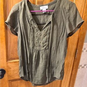 Liz Claiborne Khaki Blouse with Embellished Neckline